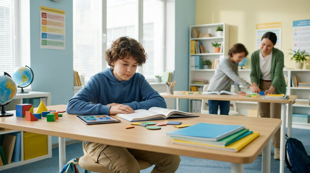 Jeune garçon étudiant dans une salle de classe lumineuse avec des outils pédagogiques et une enseignante en arrière-plan.