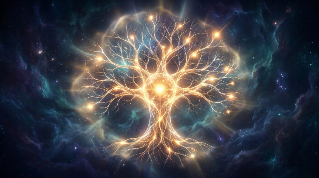 Un arbre de lumière doré brillant au centre d'une nébuleuse cosmique étoilée.
