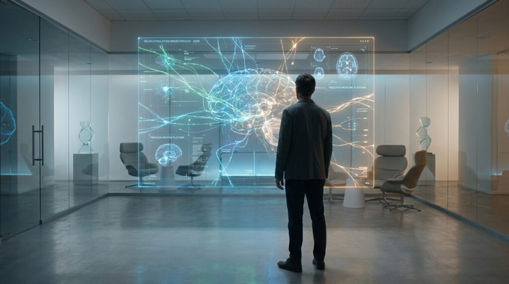 Un chercheur observe une interface holographique projetant des schémas cérébraux complexes dans un bureau moderne.