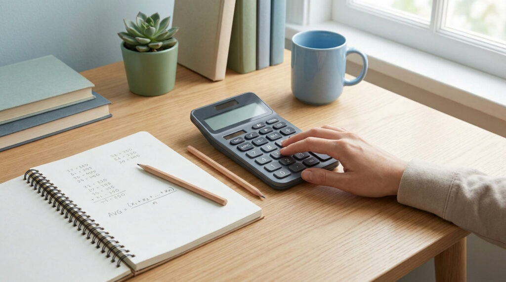 Main utilisant une calculatrice sur un bureau avec un carnet de notes et des crayons.