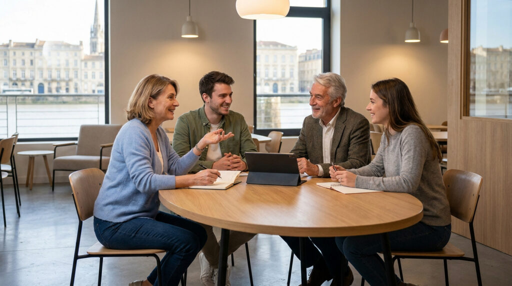 Groupe de quatre personnes échangeant dans un espace de coworking lumineux avec une vue sur les quais de Bordeaux.
