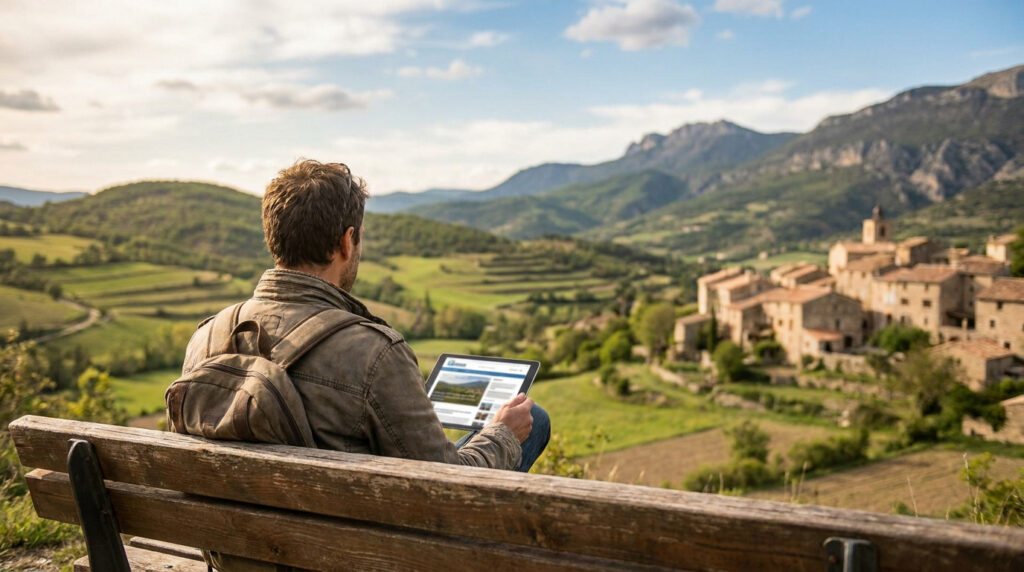 Homme avec sac à dos consultant une tablette face à un village pittoresque des Alpes-de-Haute-Provence.