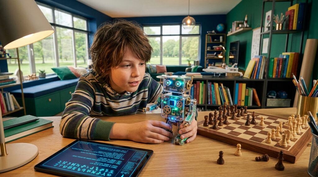 Un jeune garçon curieux joue avec un robot interactif sur son bureau, entouré de livres, d'une tablette et d'un jeu d'échecs.