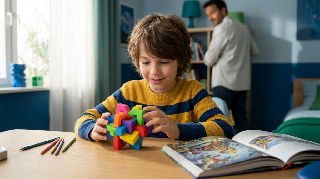 Un jeune garçon concentré manipulant un casse-tête 3D coloré avec un livre ouvert sur son bureau.