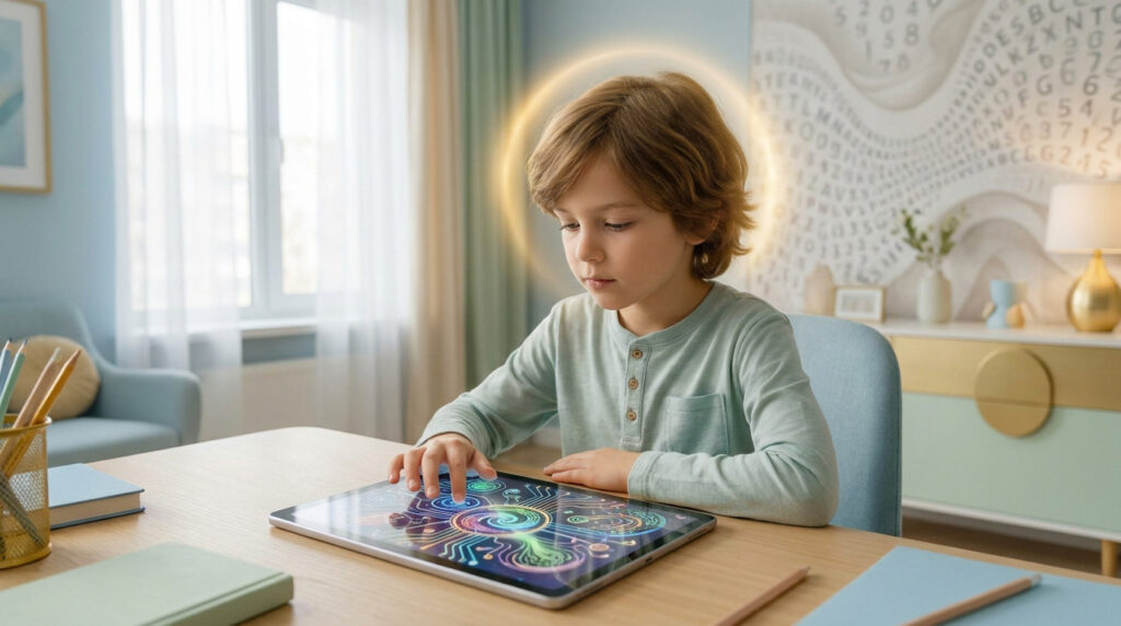 Un jeune garçon utilise une tablette avec des graphismes lumineux autour de la tête, illustrant la créativité intellectuelle.