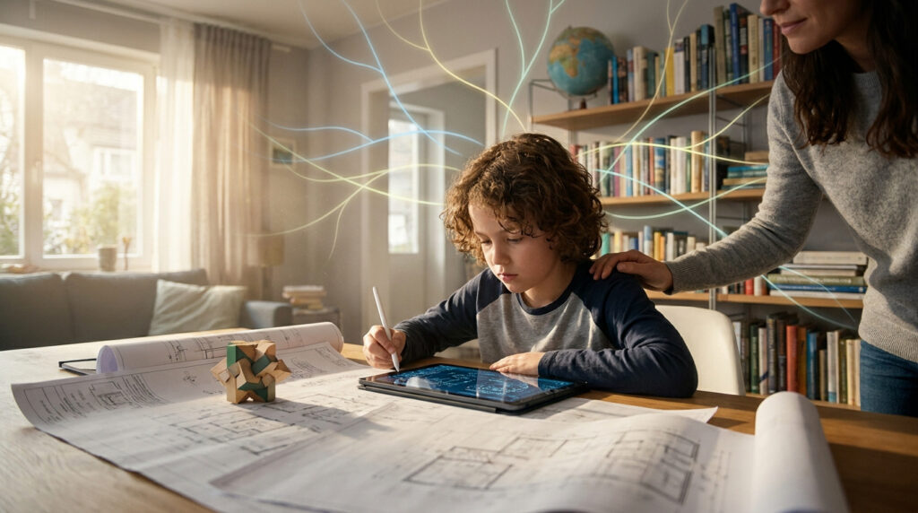 Un enfant concentré dessine sur une tablette, entouré de lignes lumineuses symbolisant l'activité cérébrale.
