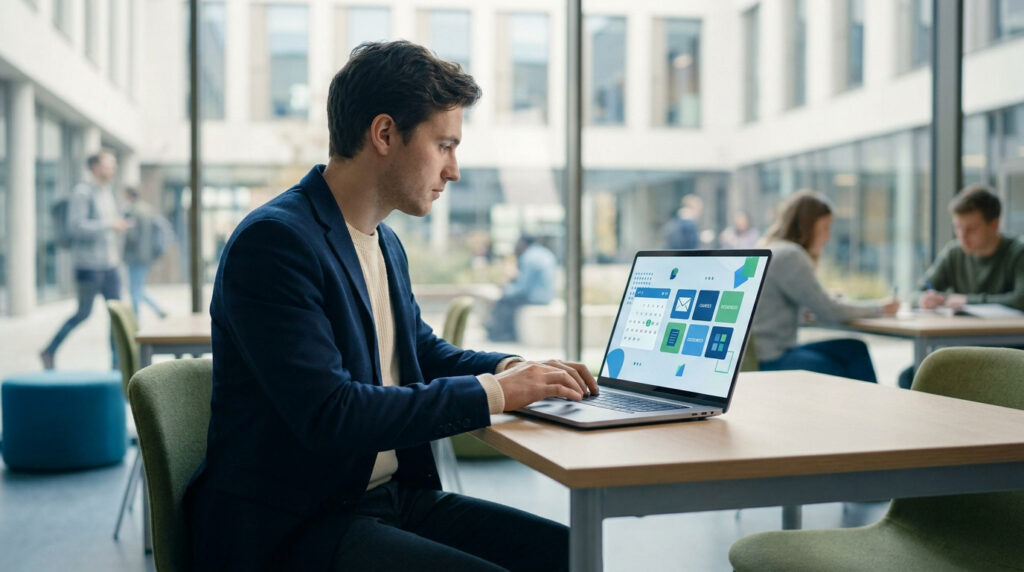 Un étudiant concentré travaillant sur un ordinateur portable dans un espace de travail universitaire moderne.
