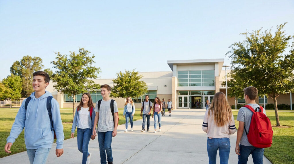Un groupe d'adolescents souriants marchant vers l'entrée d'un collège moderne et lumineux.