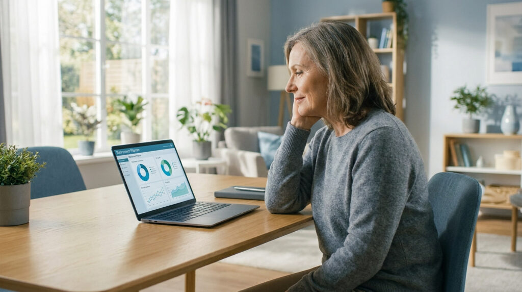 Une femme mature consulte ses plans de retraite sur son ordinateur portable depuis son salon lumineux.