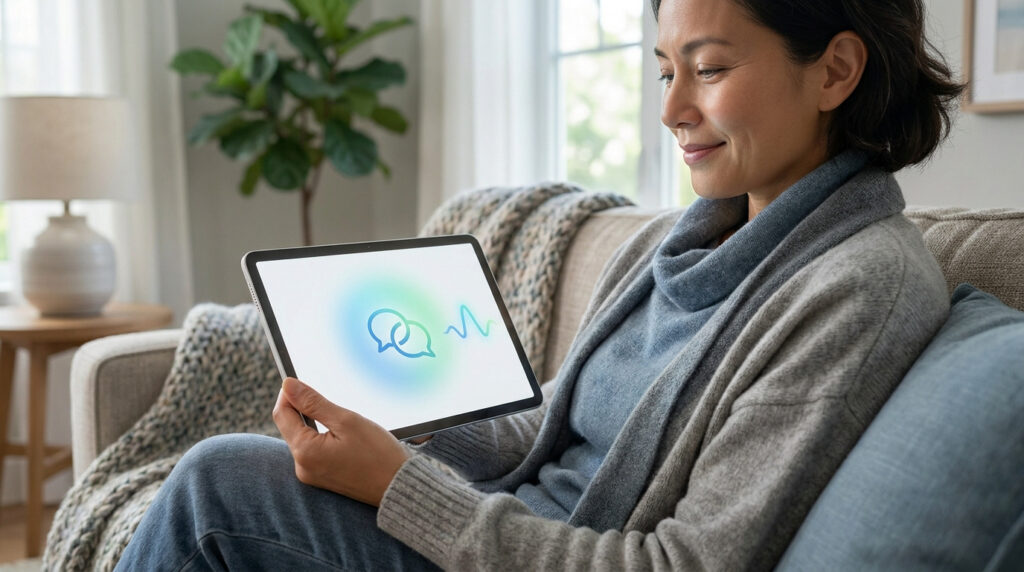 Une femme souriante assise sur un canapé tenant une tablette affichant le logo de Vik avec des bulles de dialogue.