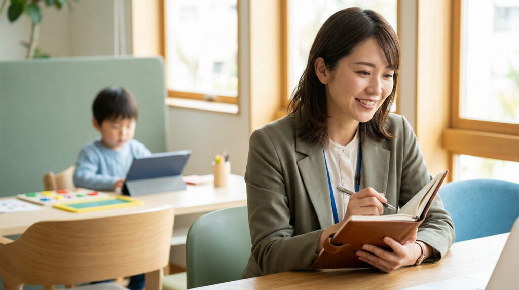 Une orthographothérapeute souriante prend des notes tandis qu'un enfant travaille sur une tablette en arrière-plan.