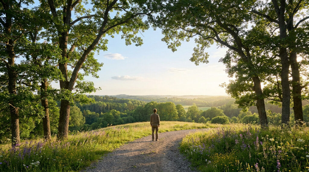 Une personne seule sur un chemin de campagne paisible au milieu des arbres et des fleurs sauvages au lever du soleil.
