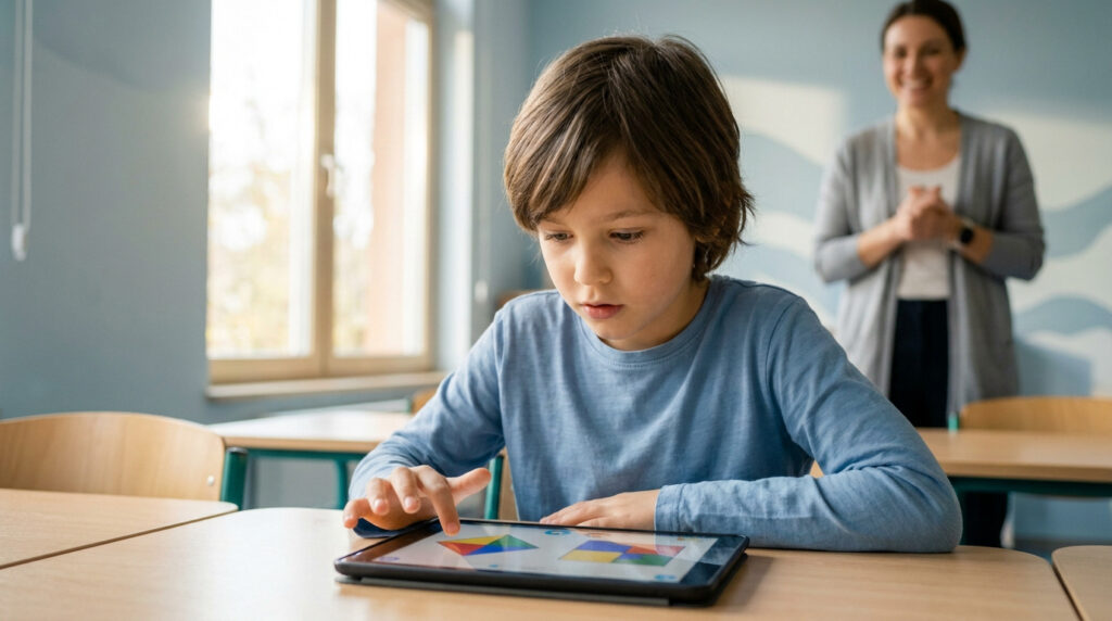 Un jeune garçon HPI concentré utilise une tablette numérique dans une salle de classe, sous le regard bienveillant d'une enseignante.