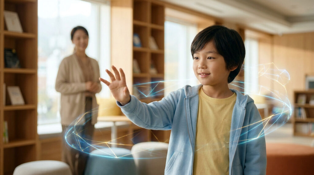 Un jeune garçon interagit avec une interface numérique holographique dans une bibliothèque.