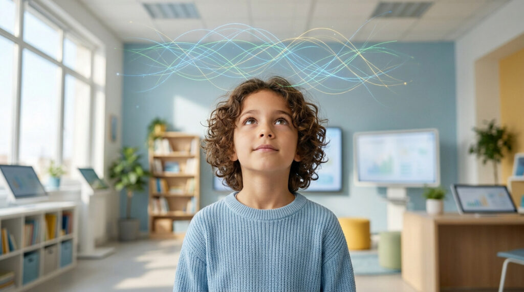 Enfant aux cheveux bouclés regardant vers le haut avec des ondes lumineuses symbolisant l'activité cérébrale.