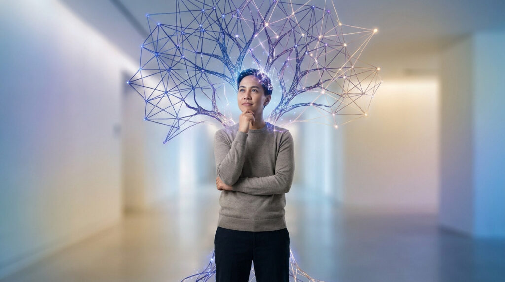 Une personne pensive avec un arbre neuronal numérique brillant émergeant de sa tête dans un couloir moderne.