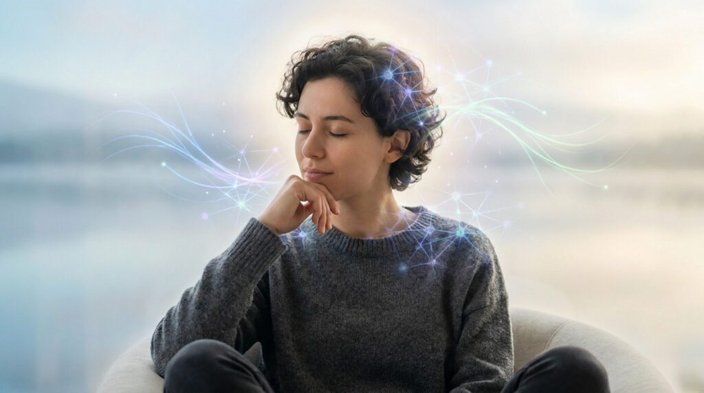 Une femme pensive avec des connexions neuronales lumineuses autour de sa tête, symbolisant le haut potentiel intellectuel.
