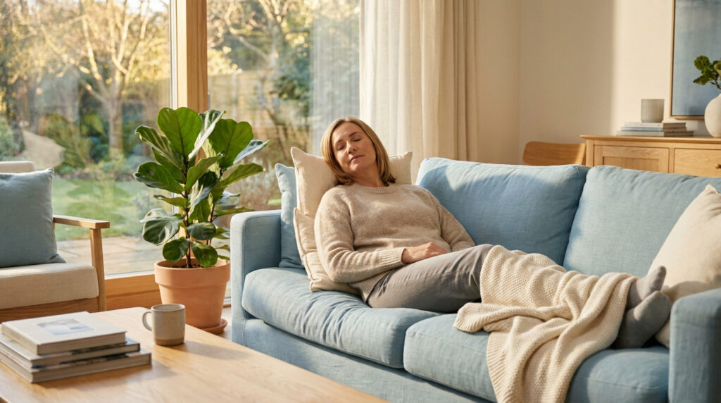 Femme se reposant paisiblement sur un canapé bleu clair dans un salon lumineux, enveloppée dans un plaid.