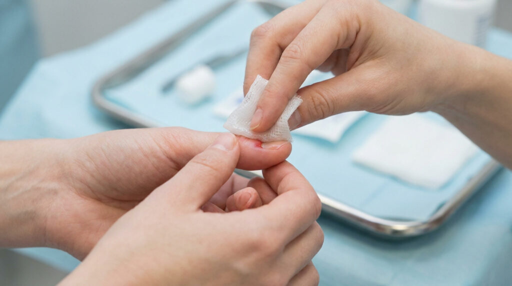 Une main soignant une petite plaie inflammatoire sur le doigt d'un patient avec une compresse stérile.