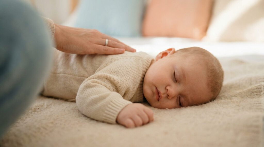 Main d'un adulte posée avec douceur sur le dos d'un bébé endormi en vêtements en maille beige.