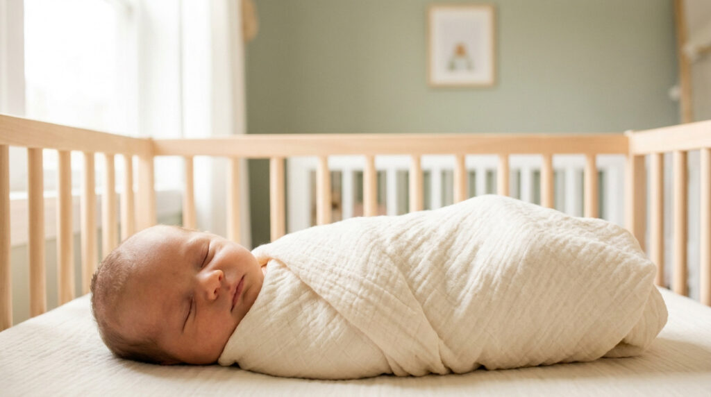 Un bébé nouveau-né emmailloté dans une couverture en mousseline blanche, dormant paisiblement dans un berceau en bois.