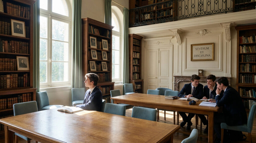 Étudiants en costume travaillant dans une bibliothèque classique avec des étagères en bois et de grandes fenêtres.