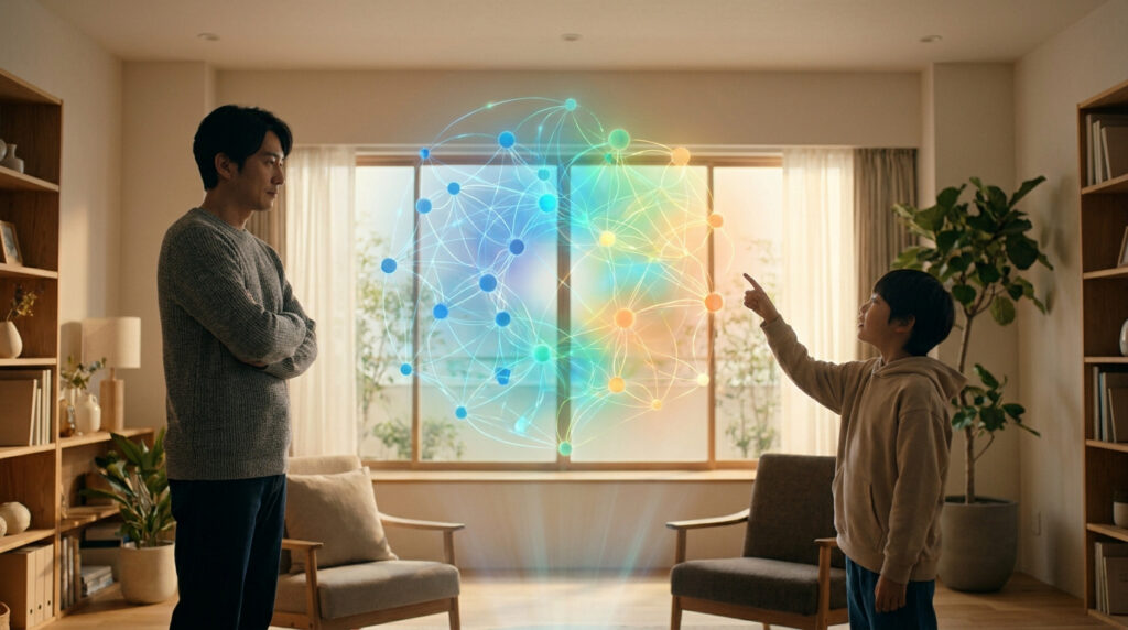 Un père et son fils observent une carte holographique d'émotions en réseau dans leur salon chaleureux.
