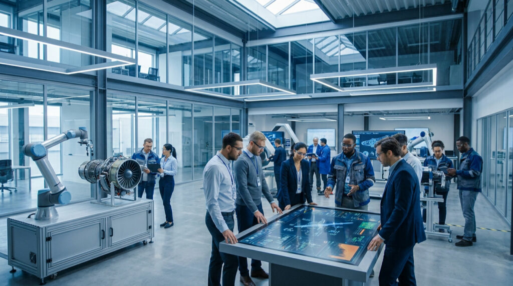 Ingénieurs et techniciens travaillant dans un atelier moderne de haute technologie à Toulouse.