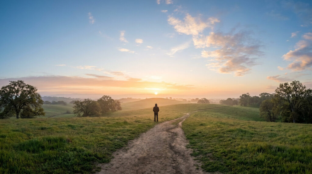 Une personne solitaire debout sur un chemin de terre face à un lever de soleil serein sur des collines verdoyantes.
