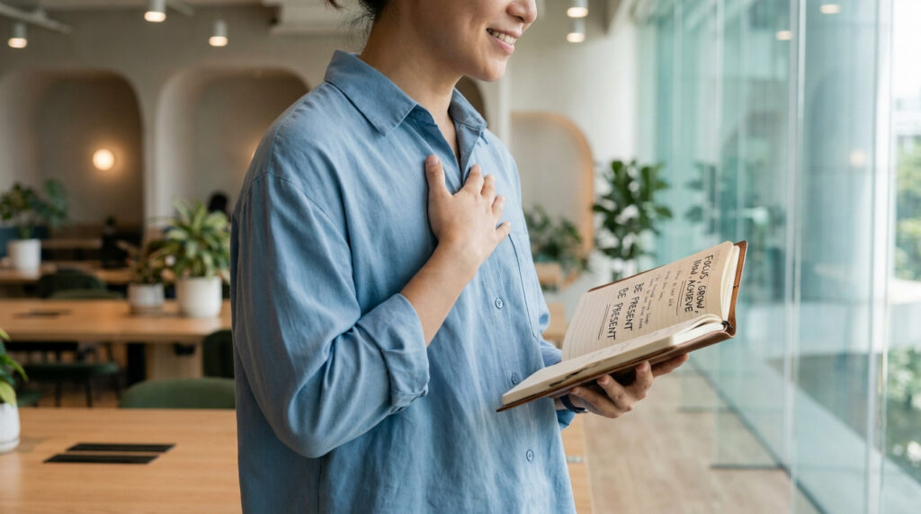 Une personne souriante tient un carnet avec des messages positifs tout en posant la main sur son cœur.