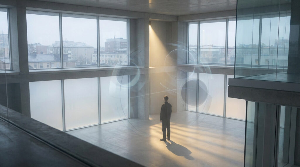 Un homme seul debout dans un vaste espace vide sous un faisceau de lumière, avec des cercles abstraits en superposition.