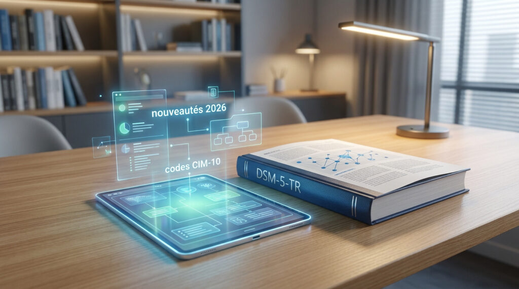 Une tablette affichant des données numériques flottantes à côté d'un livre DSM-5-TR posé sur un bureau en bois.