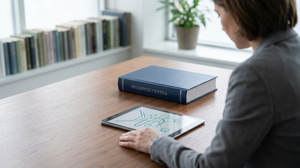 Une personne consulte une tablette numérique à côté d'un livre portant l'inscription « Diagnostic Criteria ».
