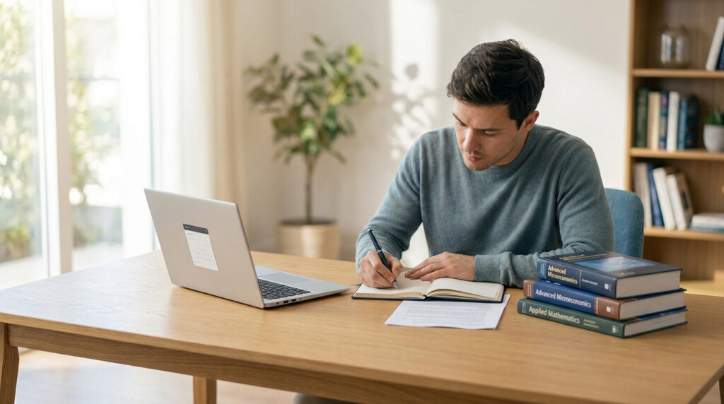 Un jeune étudiant concentré écrit dans un carnet à son bureau, avec un ordinateur portable et des manuels scolaires.