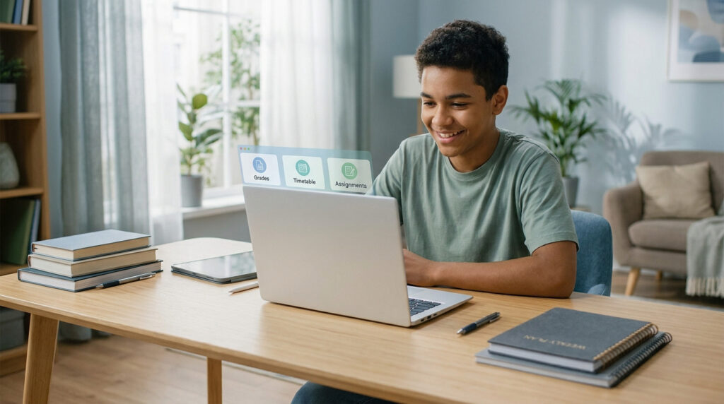 Un adolescent souriant utilise un ordinateur portable pour consulter des notes et son emploi du temps en ligne.