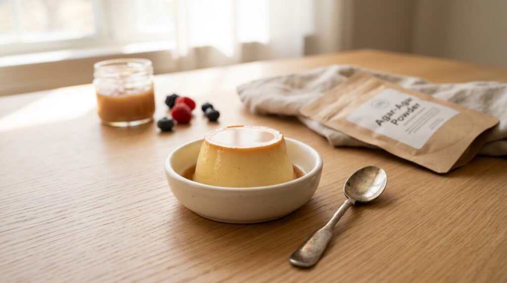 Un petit flan doré dans une coupelle, accompagné d'un sachet d'agar-agar, de fruits rouges et d'une petite cuillère.