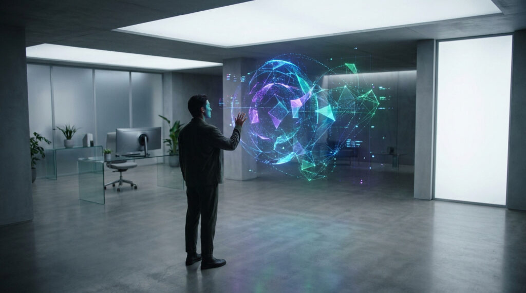 Un homme interagit avec une interface holographique complexe et lumineuse dans un bureau moderne et épuré.