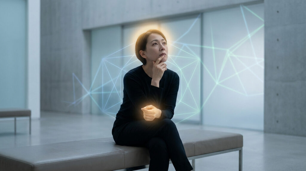 Une femme réfléchit intensément, entourée d'une aura lumineuse et d'un réseau géométrique symbolisant la pensée complexe.