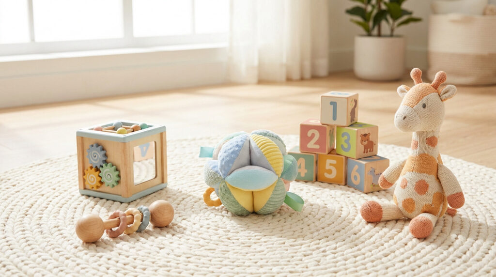 Sélection de jouets éducatifs en bois et peluche pour bébé posés sur un tapis rond dans une chambre lumineuse.