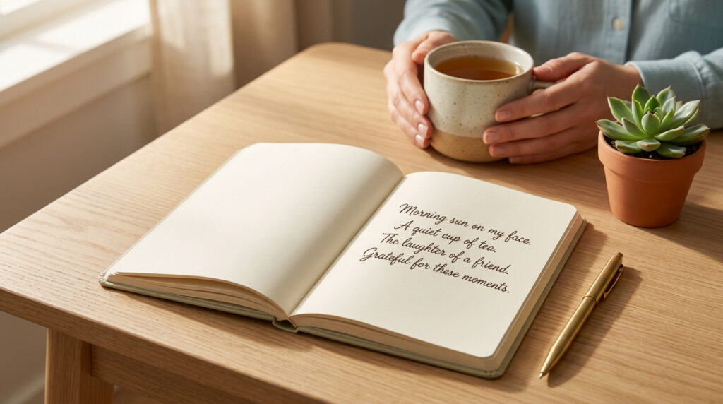Une personne tenant une tasse de thé à côté d'un carnet ouvert affichant une liste de gratitude sur une table en bois.