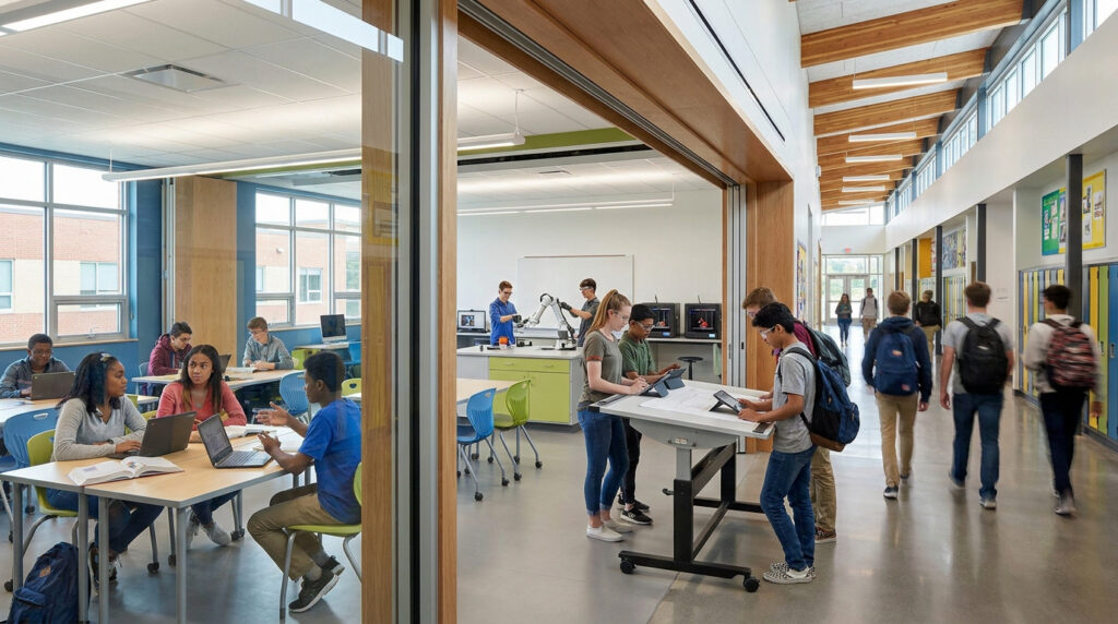 Élèves travaillant sur des ordinateurs et projets robotiques dans les salles de classe modernes du lycée Edmond Labbé.