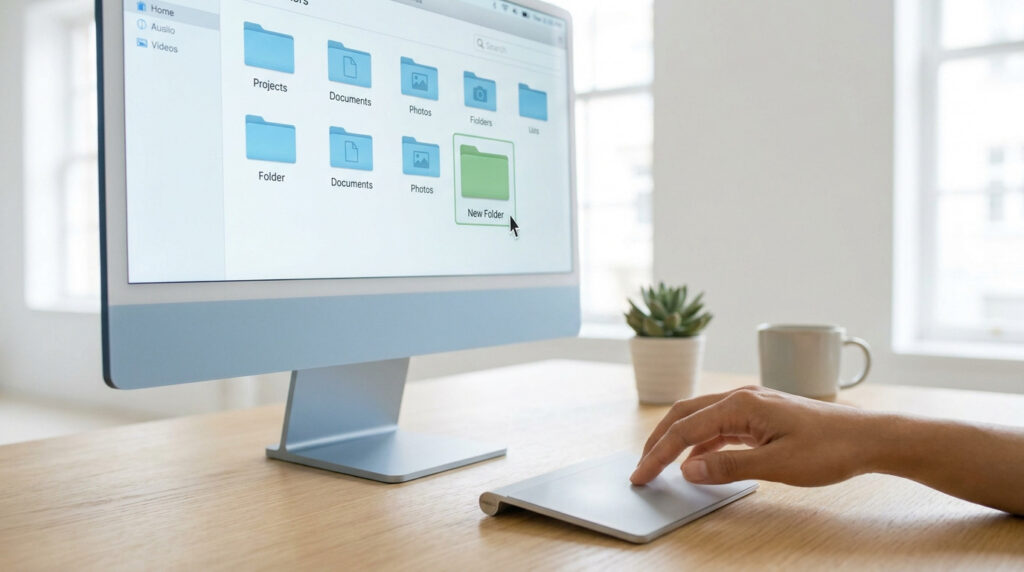 Main utilisant un trackpad pour créer un nouveau dossier sur l'écran d'un ordinateur.
