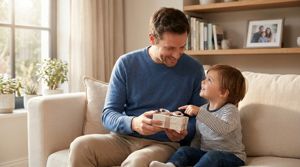 Un père souriant assis sur un canapé, recevant un cadeau emballé de la part de son jeune fils.