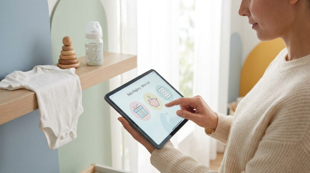 Une femme utilisant une tablette numérique pour créer une liste de naissance avec des icônes de cadeaux et une tirelire.