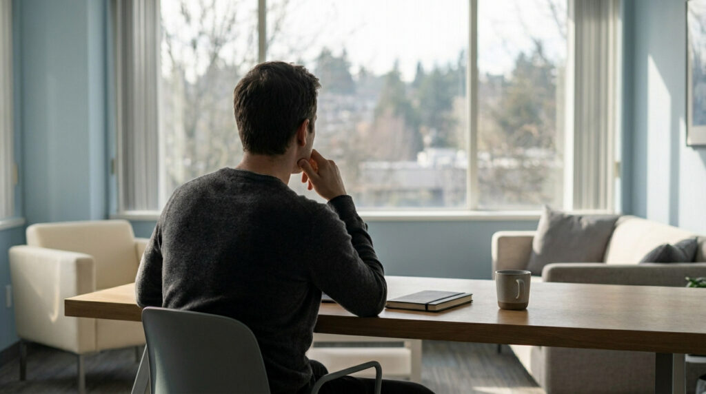 Un homme assis à un bureau, dos à la caméra, regardant pensivement par la fenêtre dans un bureau lumineux.