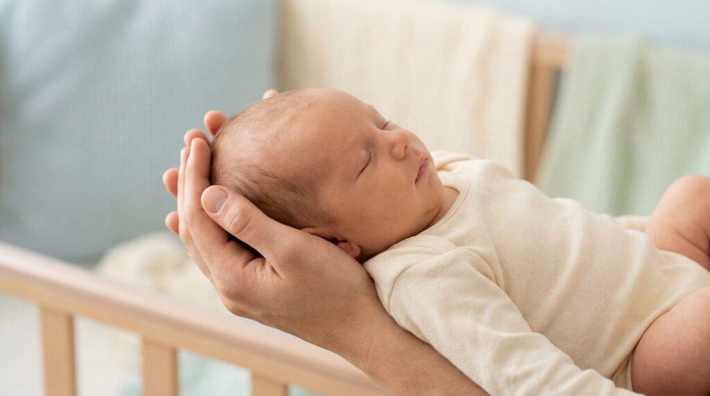 Un nourrisson d'un mois dort paisiblement, porté délicatement dans les mains de son parent.