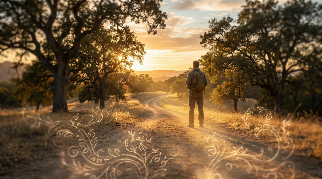 Un voyageur debout sur un chemin de campagne au coucher du soleil avec des motifs dorés en bas de l'image.